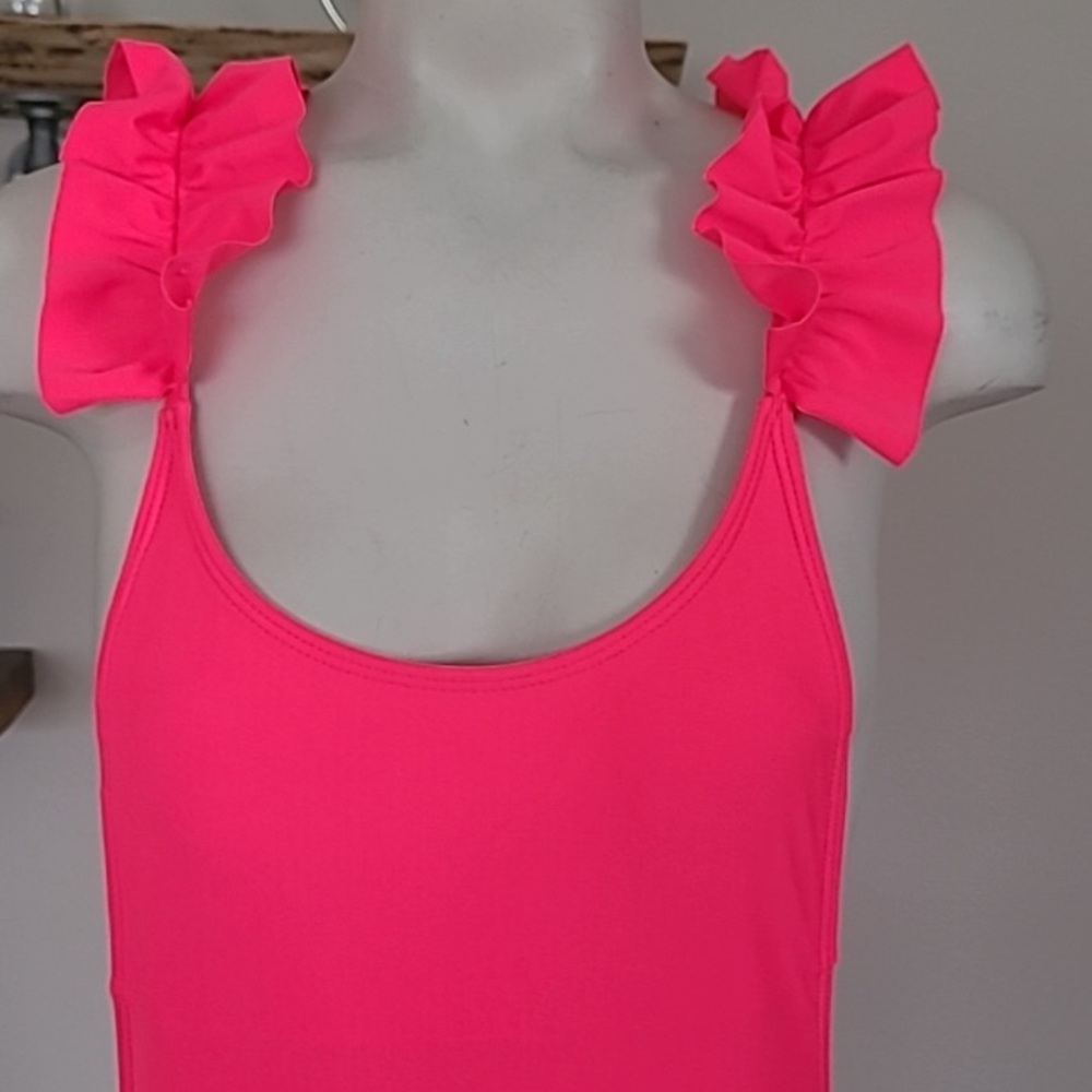 High Cut Hot Pink Ruffle One Piece - Picture 3 of 5